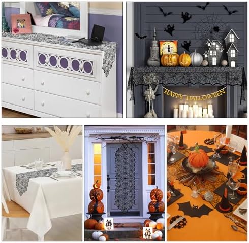 2pcs 14 x 48 Inch Halloween Table Runner Halloween Decorations Black Lace Spider Web Table Runner for Halloween Table Decor Spiderweb Table Runners Lace Runner for Tables Dinning Kitchen Dining Decor