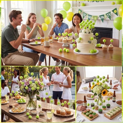 Soulchen 24 Pcs Tennis Centerpiece Sticks Set 1.57 Inches Tennis Balls with 7.87 Inches Sticks for Ball Themed Party Decorations Sports Banquet Table Centerpieces Event Decor