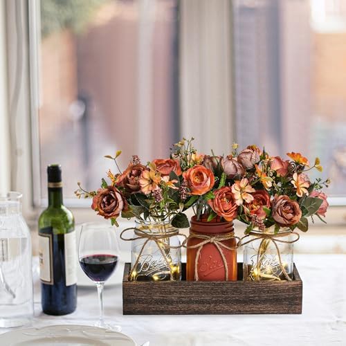 3 Pcs Mason Jar Centerpiece Table Decorations for Dining Table Decor Farmhouse Coffee Table Decor with Wood Tray and