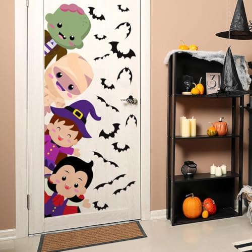 44.88 X 15.75 Inch Halloween Door Sticker Cute Witch Vampire Mummy Green Monster Stickers Halloween Party Bar Decal for Door Window Wall Decoration