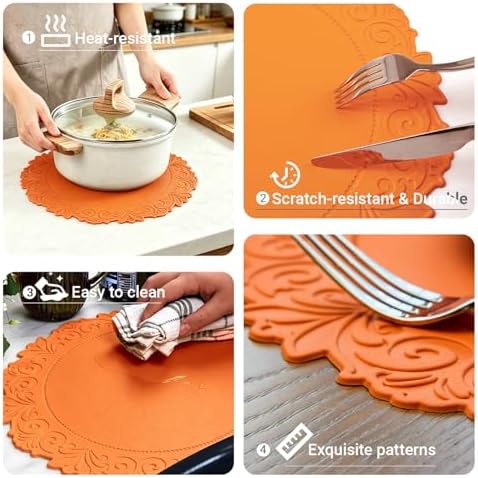 Round Faux Leather Placemats Set of 4, Dining Table Mats, Pumpkin Orange
