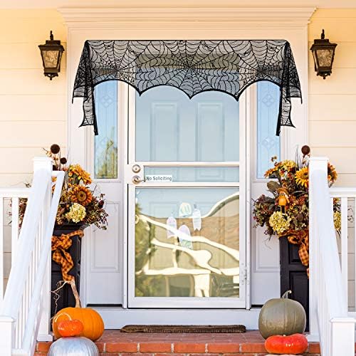Jovitec Round Lace Table Topper Black Spider Tablecloth and Fireplace Spider Decorations Lace Spiderweb Mantle Scarf Cover for Halloween Window, Dinner Party, Festival Party, Scary Movie Nights