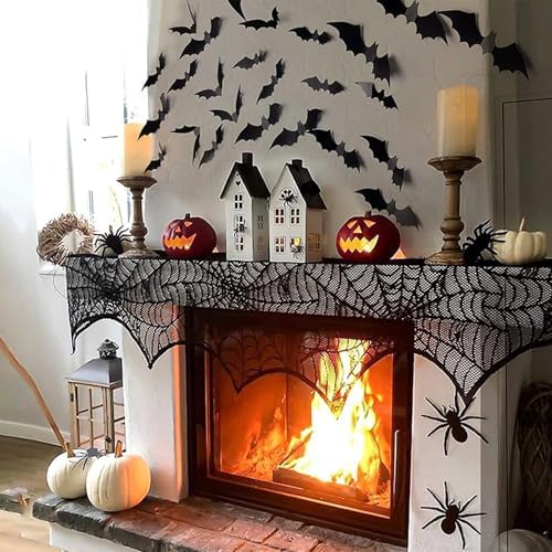 Halloween Fireplace Scarf, Black Lace Spiderweb Fireplace Mantle, Cobweb Fireplace Scarf for Halloween Party Door Window Decoration 18 x 96 inch