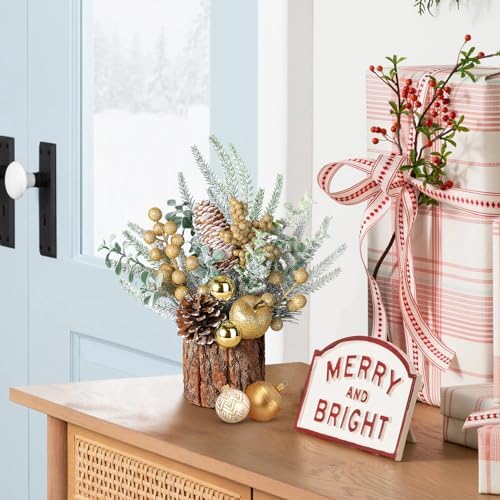 Hatisan Small Christmas Tree, Artificial Christmas Tree with Ornaments Pine Cone Berry, Tabletop Christmas Tree for Christmas Decorations Home Room Party Winter Indoor Outdoor(Gold-Round)