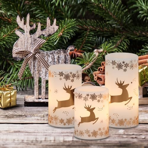GenSwin Christmas Flameless LED Candles Battery Operated Timer Gold Deer