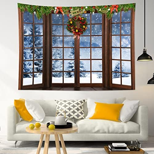 HVEST Christmas Tapestry Wall Hanging Winter Snow Pine Tree Forest outside Brown Window Tapestry for Bedroom, Xmas Nature Landscape Wall Art for Living Room Dorm Home Decor Backdrop, 80W x 60H inches