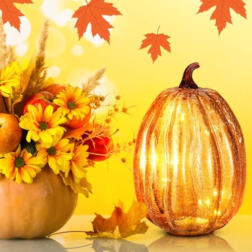 Glooglitter Mercury Glass Pumpkin Light LED Fall Lamp, Oval, Gold, Large