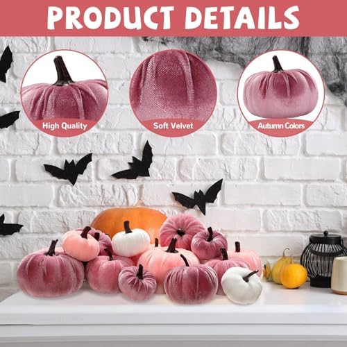 Lonfliness 18Pcs Fall Velvet Pumpkin Harvest Decoration Assorted Faux Pink Small Fabric Foam Pumpkin for Autumn Thanksgiving Farmhouse Table Centerpiece Halloween Mantel Party Favor