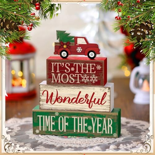 Moucuny 4 Pcs Christmas Red Truck Centerpiece Wooden Block Signs Tabletop