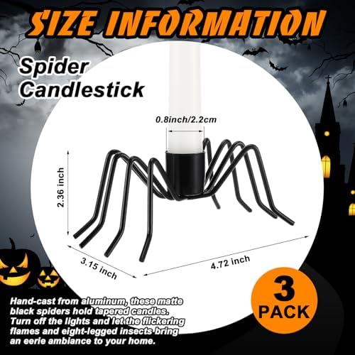 Mumufy 3 Pack Black Spider Taper Metal Candle Holders Halloween Candlestick Holders Spider Candle Stick Holder Fits 3/4 Inch Candles for Halloween Dining Table Home Spooky Party Decor