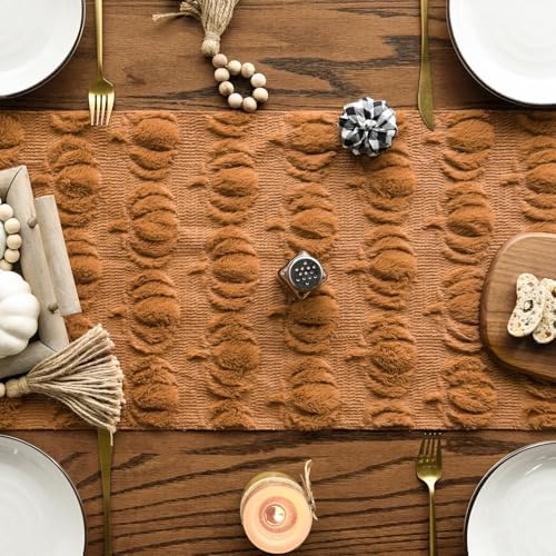 Artoid Mode Caramel Soft Faux Fur Pumpkins Fall Table Runner 13x48 Inch