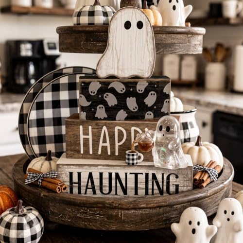 Lineshading 4 Pcs Happy Haunting Wood Blocks, Halloween Farmhouse Decor