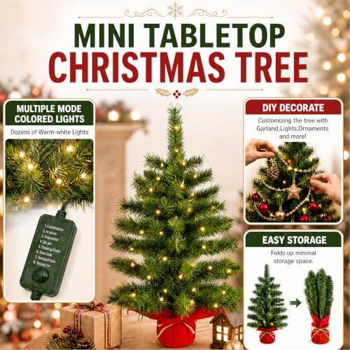 2ft Pre-lit Artificial Mini Christmas Tree,Small Xmas Tree