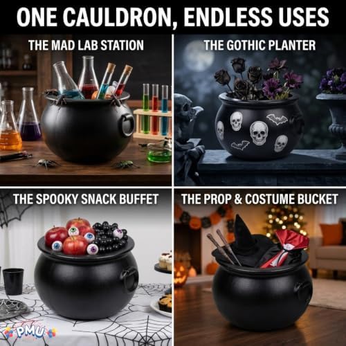 PMU Halloween Cauldron 10" Witch Plastic Cauldron bowl Black, For Halloween Décor