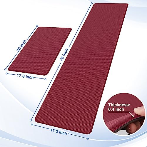 StepRite Kitchen Mats for Floor, 2-Piece Anti-Fatigue Rugs, Burgundy