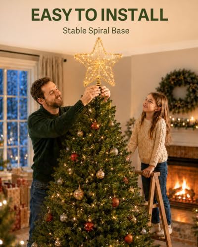 Noiclub Christmas Tree Topper Star 10" Metal Gold Beaded Star with 6H Timer