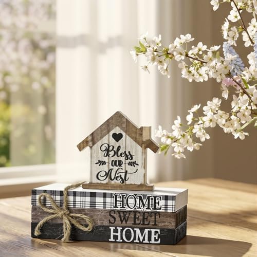 Smile Farmhouse Wooden Tabletop Decor Rustic Home Sweet Home Table Centerpiece, Block Sign Tiered Tray Decoration for Kitchen Shelves Desk Mantel