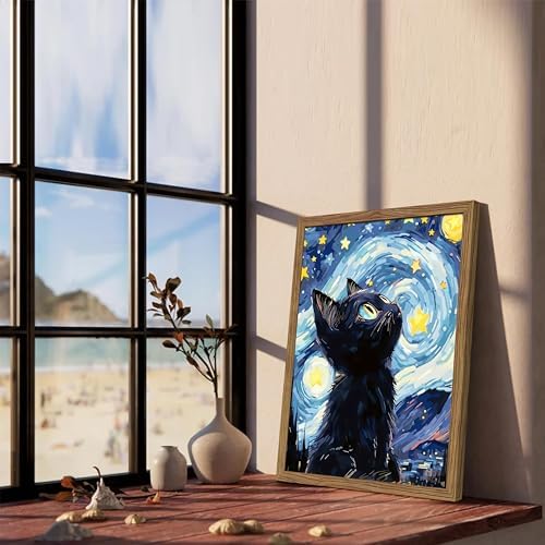 Framed Black Cat Wall Art, Van Gogh Starry Night Canvas Wall Decor, Cute Cat Animal Poster Print Picture, Impressionist