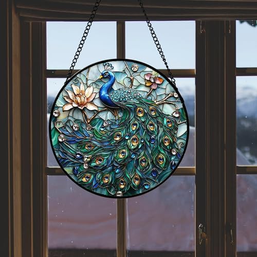 Peacock and Lotus Stained Glass Window Hanging Suncatcher Gifts Decor 15"