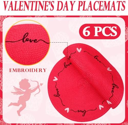 Tioncy Plastic Valentine Heart Placemats Set of 6 Round Red Love Place Mats 13.4 Inch Valentine's Day Washable Table Mats Kitchen Dinner Waterproof Placemat for Holiday Dining Table Wedding Decoration
