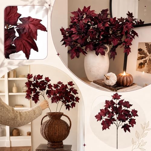 Thiccywoov 6 Pack Artificial Fall Maple Stems, Burgundy Leaf Picks for Vase