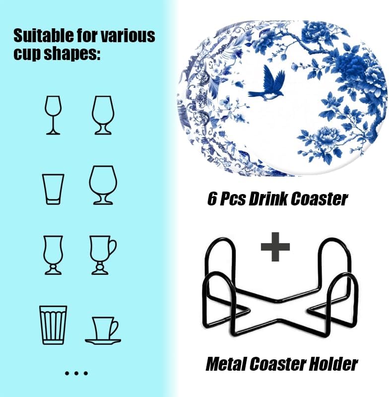 Holder / Bule and Coasters Cork Bases Ceramic Coasters / 4in/10cm / Color-2 / White / Set of 6