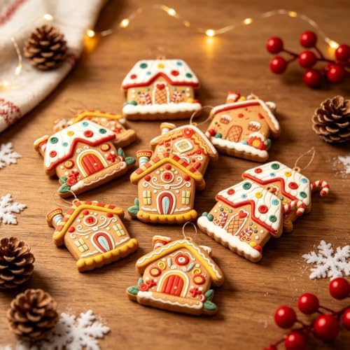 6Pcs Gingerbread House Ornament, Christmas Tree Ornament Rustic Farmhouse Gingerbread House Decor House Pendants for Holiday Party Favor