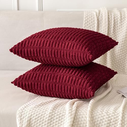 MIULEE Corduroy Decorative Throw Pillow Covers 16x16 Burgundy Pack of 2