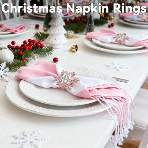 ZeeDix Christmas Snowflake Napkin Rings Set of 8- Rose Gold Rustic Dinner Tables Setting Decoration for Wedding Receptions, Christmas Holiday Party Dinner Parties
