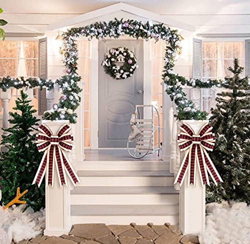 Hying Large Christmas Bow for Wreath, Red Black Buffalo Plaid Bows for Front Door Wall Fence Decor, Red Beige Christmas Wreath Bow Tree Topper Bow for Winter Christmas Party Decoration Supplies