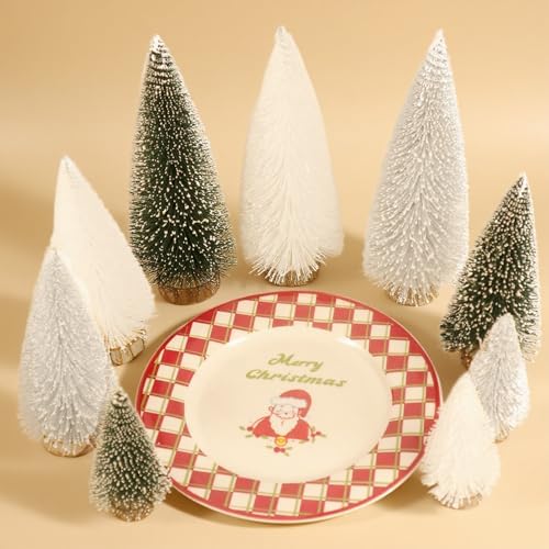 Mini Christmas Tree, Small Pine Tree with Wooden Bases for Xmas Holiday Party Home Tabletop Tree Decor (Green White Silver)