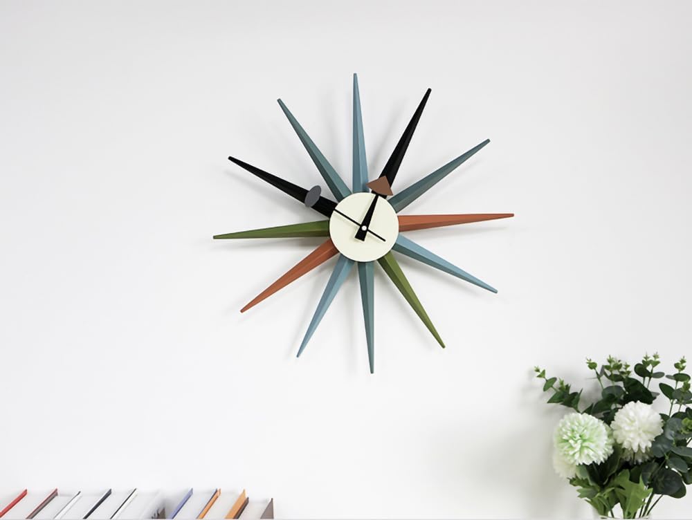 Large Sunburst Wall Clock 18 Inch, Mid Century Modern | Battery Operated, Silent Non-Ticking Quartz, Multicolor Solid