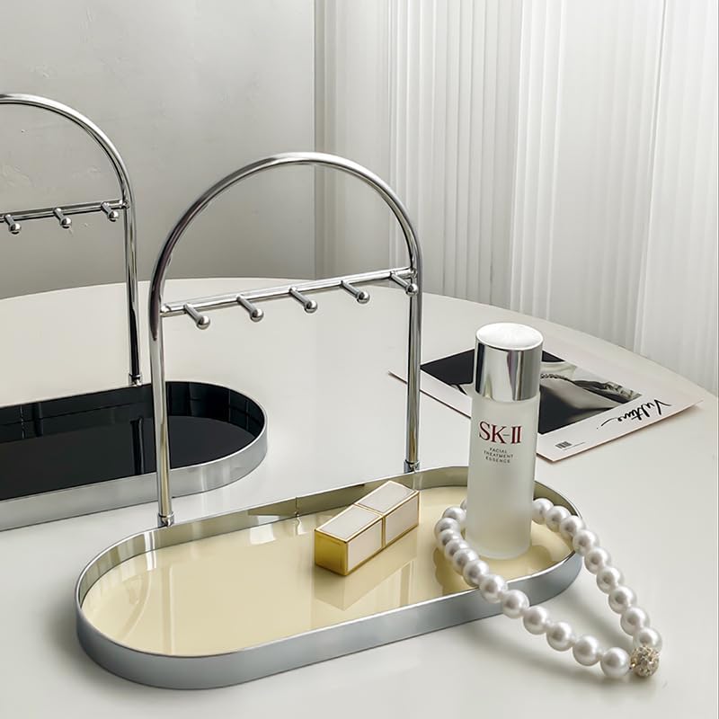 Metal Jewelry Organizer Stand & Key Holder Tray / Silver Creamy