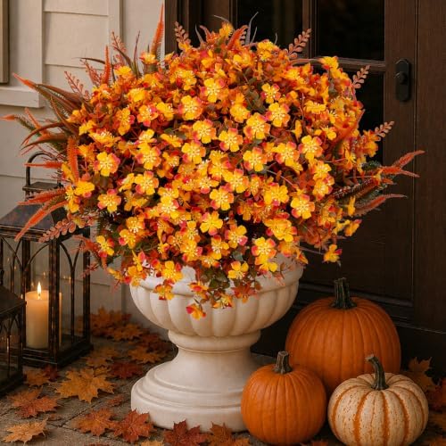 AXYLEX Artificial Fall Flowers Outdoor Fake Mums (OrangeGreen, 16 Pk)