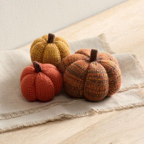 Set of 3 Cozy Mini Knit Pumpkins, Green Gold (Spiced Maple Multi-Size Set)