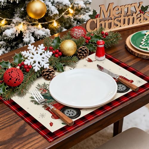 OTOSTAR Christmas Placemats Set of 4, 12x18 Inch Red and Black Buffalo Plaid Christmas Truck Tree Place Mats Seasonal Winter Xmas Holiday Kitchen Dining Table Mats for Home Party