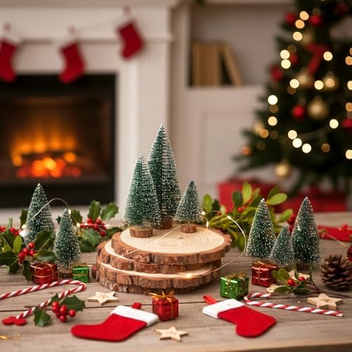 18 Pcs Bottle Brush Trees in 3 Size and 6 Pcs Wood Slices, Green