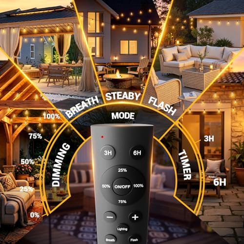 150FT Outdoor String Lights with Remote, Waterproof Patio Lights with 55+2 Shatterproof LED Bulbs,Dimmable Hanging