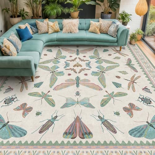 7x9 Green Butterfly Rugs for Kids Bedroom - Washable Insect Area Rug for Living Room, Dining Room Under Table, Boho