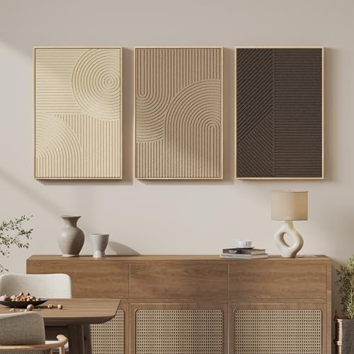 Large 3D Framed Neutral Abstract Wall Art Set of 3, Modern Artwork 20x30 In