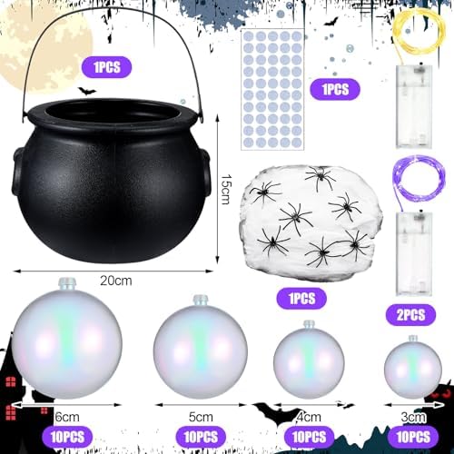 Jenaai 96 Pcs Halloween Bubbling Cauldron Set with 40 Ball Ornaments 2 Lights String 20 g Spider Webs 2 Fake Spider 50 Adhesive Points for Party (Purple, Pink)