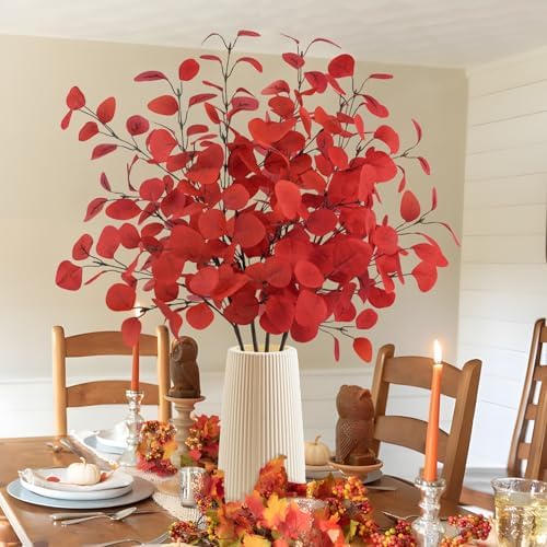 16Pcs Artificial Eucalyptus Leaves Stems 33.8‘’ Eucalyptus Plants Branches Greenery for Home Fireplace Farmhouse Party Wedding Table Bathroom Christmas Décor Red