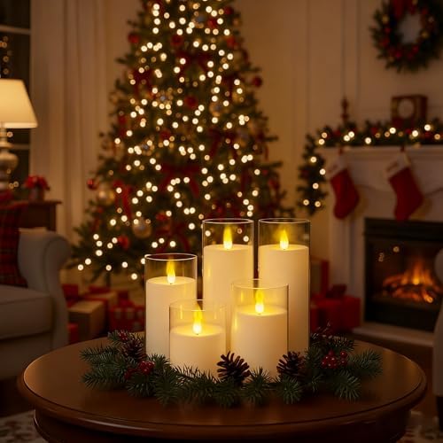 Homemory Ivory Flickering Flameless Candles, Battery Operated Acrylic LED Pillar Candles with Remote Control and Timer, Set of 9