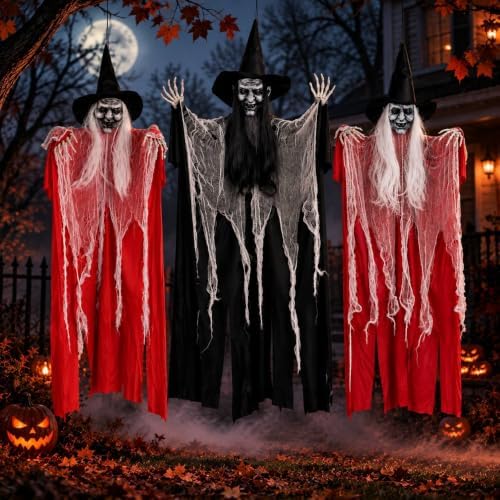 3 Pack 4 Foot Hanging Witch Halloween Decorations, Large Scary Witches with Witch Hats, Long Hair, Skeleton Hands & Tattered Robes, Hanging Halloween Decor for Indoor Outdoor Yard Porch Haunted House