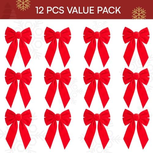 JOYIN 12 Pack Christmas Red Velvet Bows, 13" Long by 9" Wide Decorative Christmas Bows for Wreath Garland Tree Decor, Indoor Outdoor Holiday Decoration