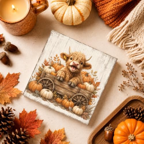 Fall Decorations for Home Highland Cow Pumpkin Wood Sign Fall Decor 5x5Inch