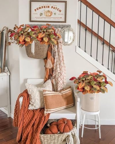 Briful 3 PCS Fall Leaves Artificial Magnolia Leaf Bush, 15" Autumn Fake Greenery Picks for Vase Floral Arrangement Kitchen Table Home Fall Decoration