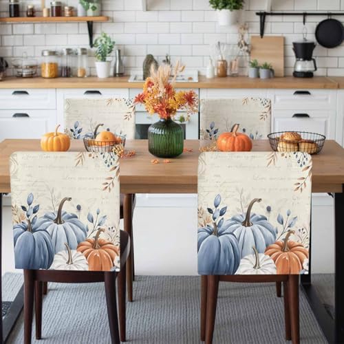Fall Chair Covers Set of 6 Blue Pumpkin Chair Slipcover Protector Removable Stretch Chair Covers Floral Eucalyptus Leaf Thanksgiving Chair Back Covers for Dining Chairs Kitchen Holiday Party Decor