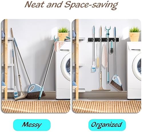 OUTNILI Black Mop Broom Holder Wall Mount with 4 Slots & 4 Hooks - Rustic Wood Broom Mop Hanger for Pantry Closet
