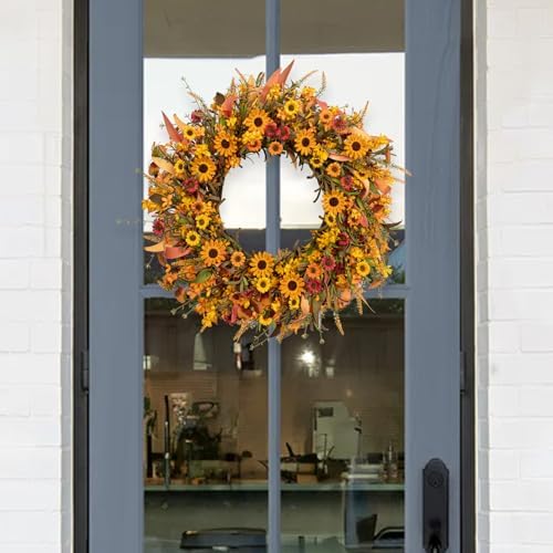 J'FLORU Artificial Fall Wreath 22 Inch Fall Wreaths for Front Door Autumn Porch Farmhouse Thanksgiving Day Harvest Festival